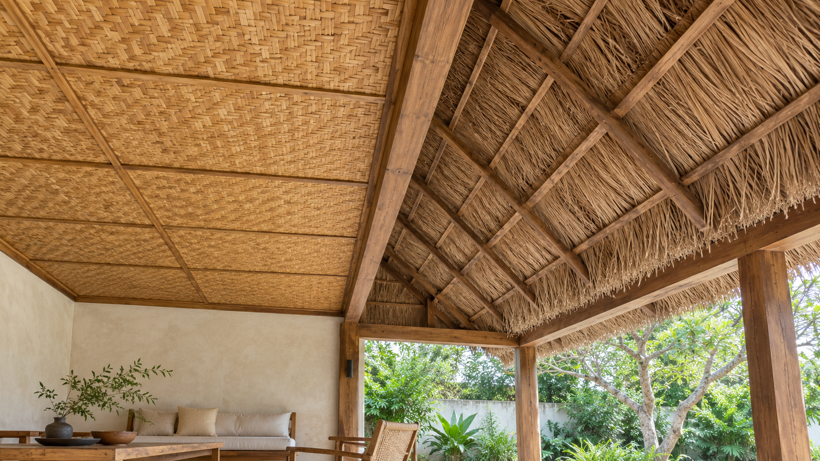 Bamboo beams and woven ceiling beneath a pavilion roof