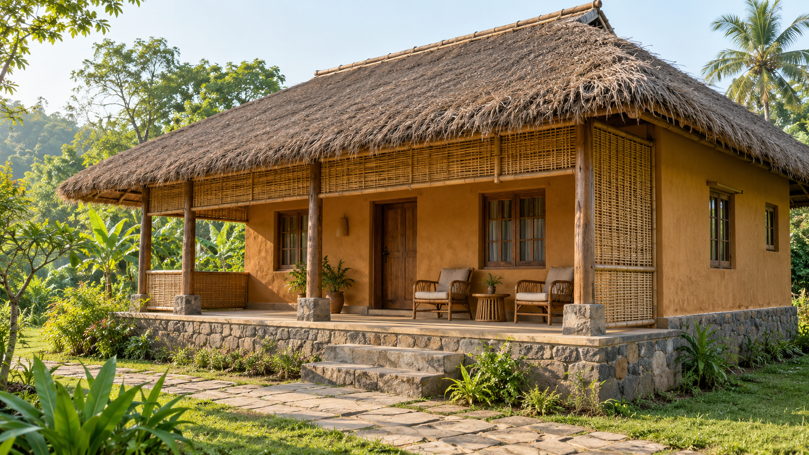 Earth-toned cottage with bamboo veranda posts and a thatched roof