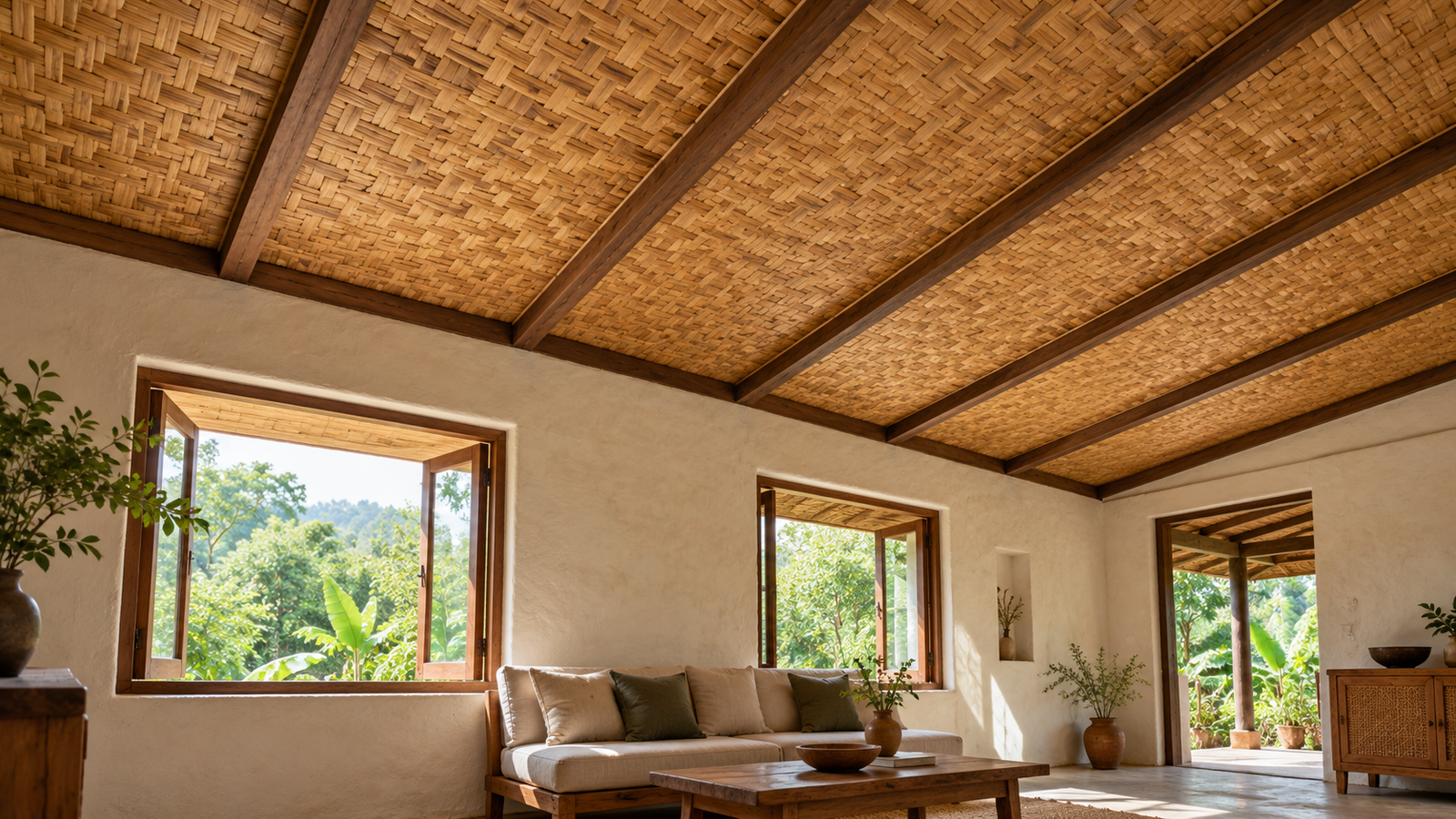 Woven bamboo ceiling with exposed beams above a cottage living room