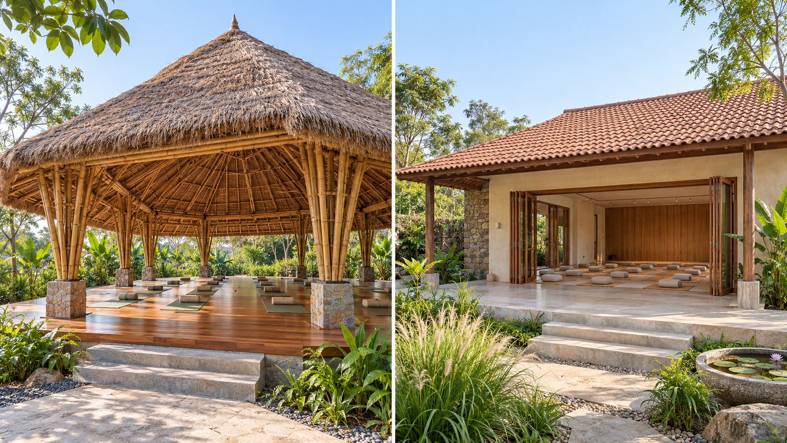 Yoga and meditation hall designs with open shaded spaces