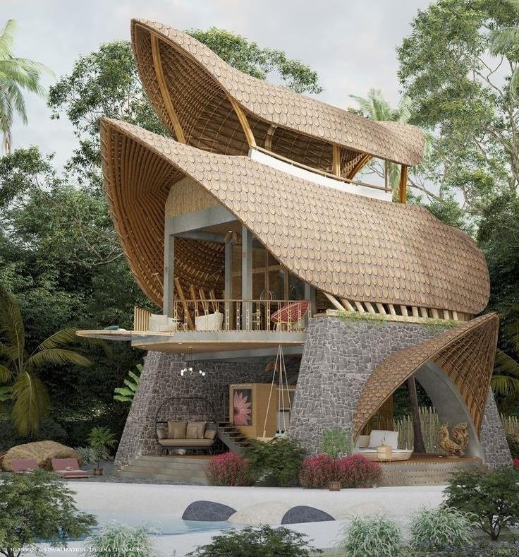Bamboo House Reference Model 004 – Layered sail-roof house
