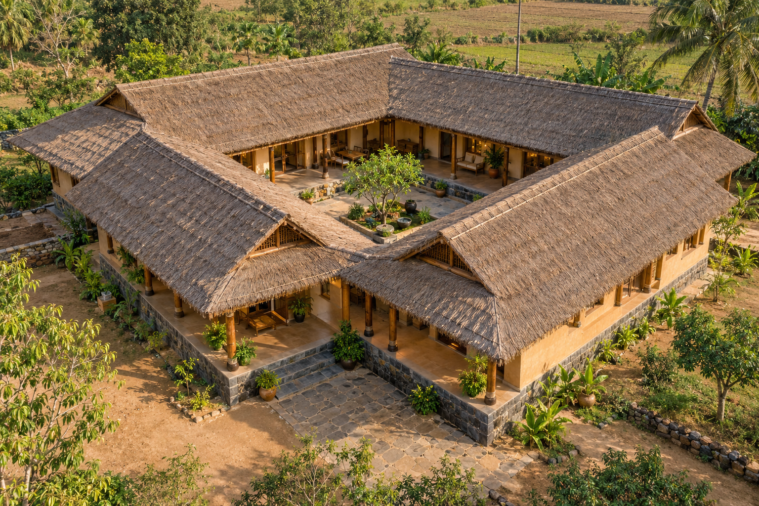 3,000 sq.ft Thatch Courtyard Farmhouse illustrative full exterior