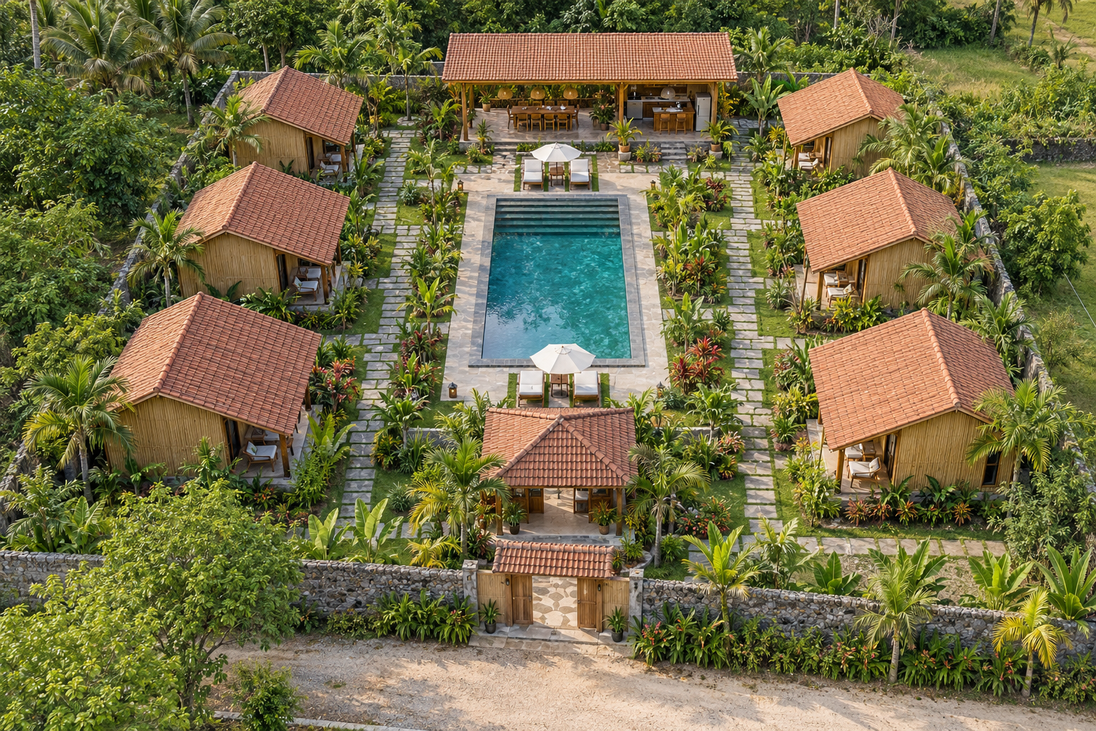 Six-Cottage Garden Resort full-view AI-generated proposed design