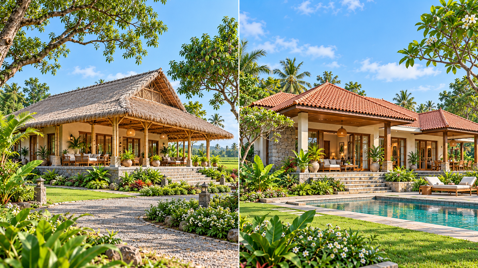 Farmhouse and villa designs with tiled and thatched roofs